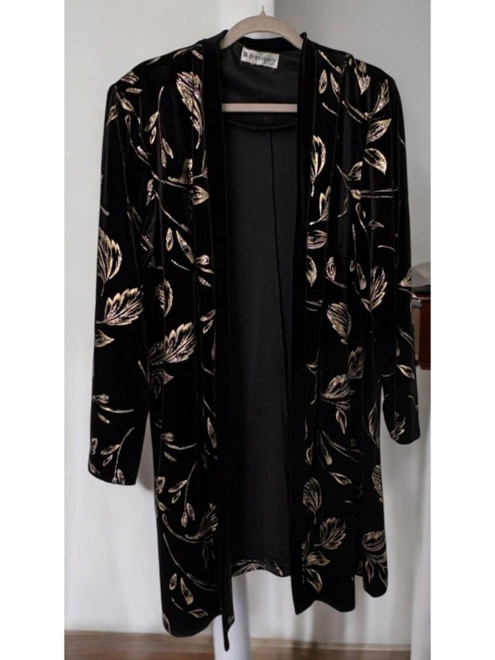Dressbarn Womans Open Front Jacket Size 16W Black & Gold Glitter Floral Duster